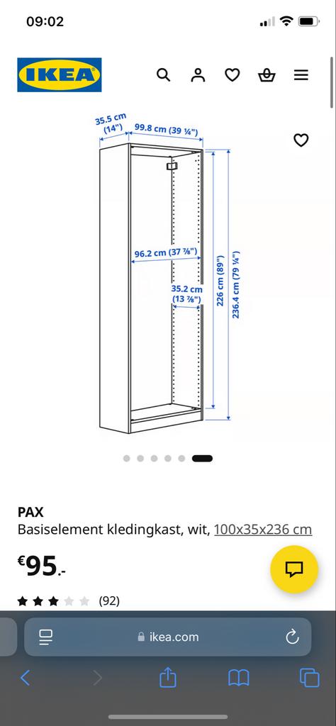 IKEA PAX Kledingkast Basiselement Wit 100x35x236 cm, Ophalen, 200 cm of meer, 50 tot 100 cm, Zo goed als nieuw
