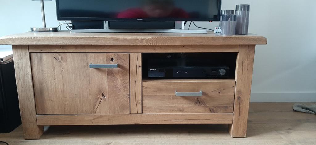 Tv meubel verweerd eiken 130x45x55, Ophalen of Verzenden, Zo goed als nieuw, 25 tot 50 cm, Minder dan 100 cm