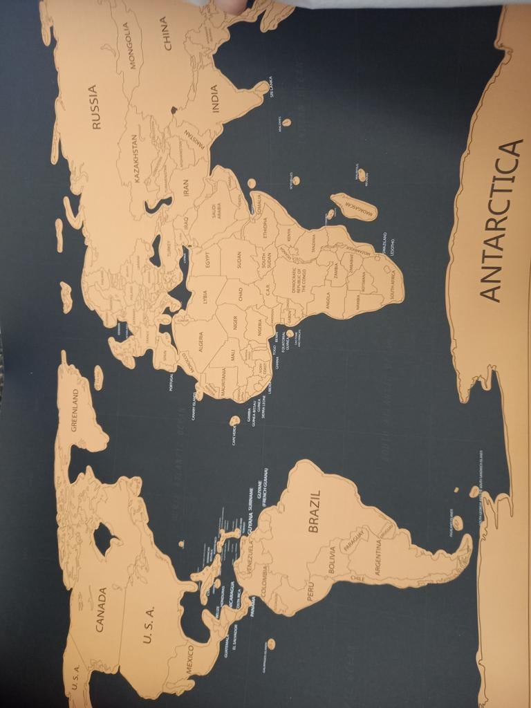 Wereldkaart om te krassen, scratch map, zwart/goud, 80x45cm, Ophalen