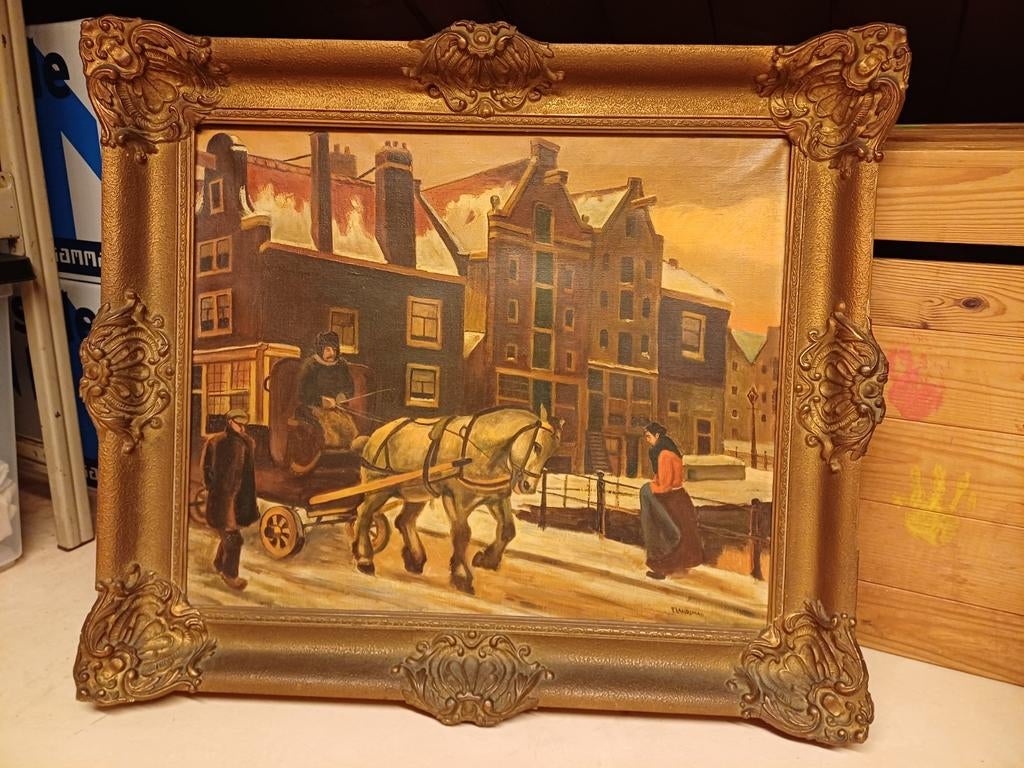 Oud schilderijvan paard en wagen gesigneerd, Ophalen