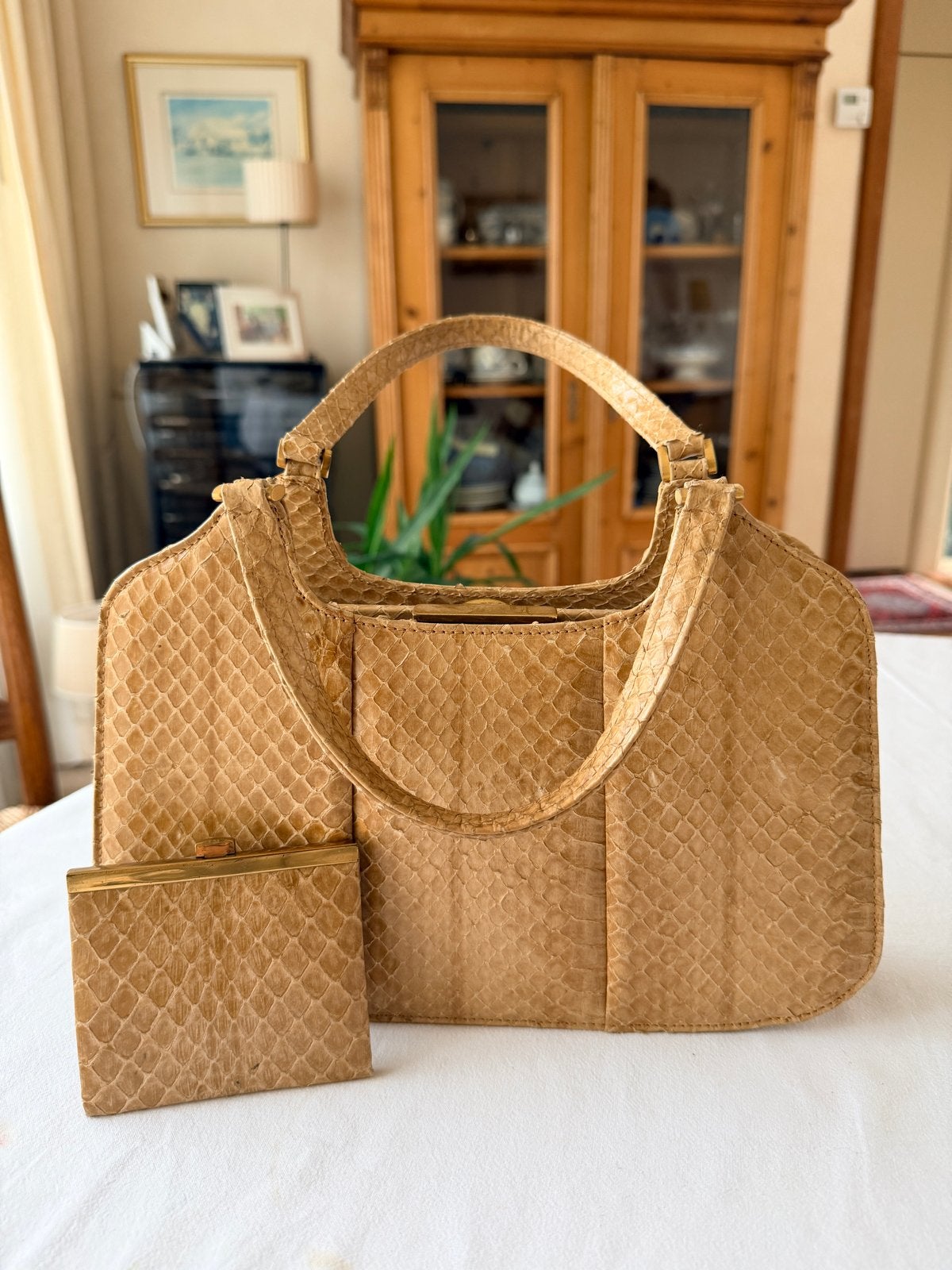 Vintage Blok van Heijst handtas met portemonnee, Ophalen, Gebruikt, Beige, Handtas