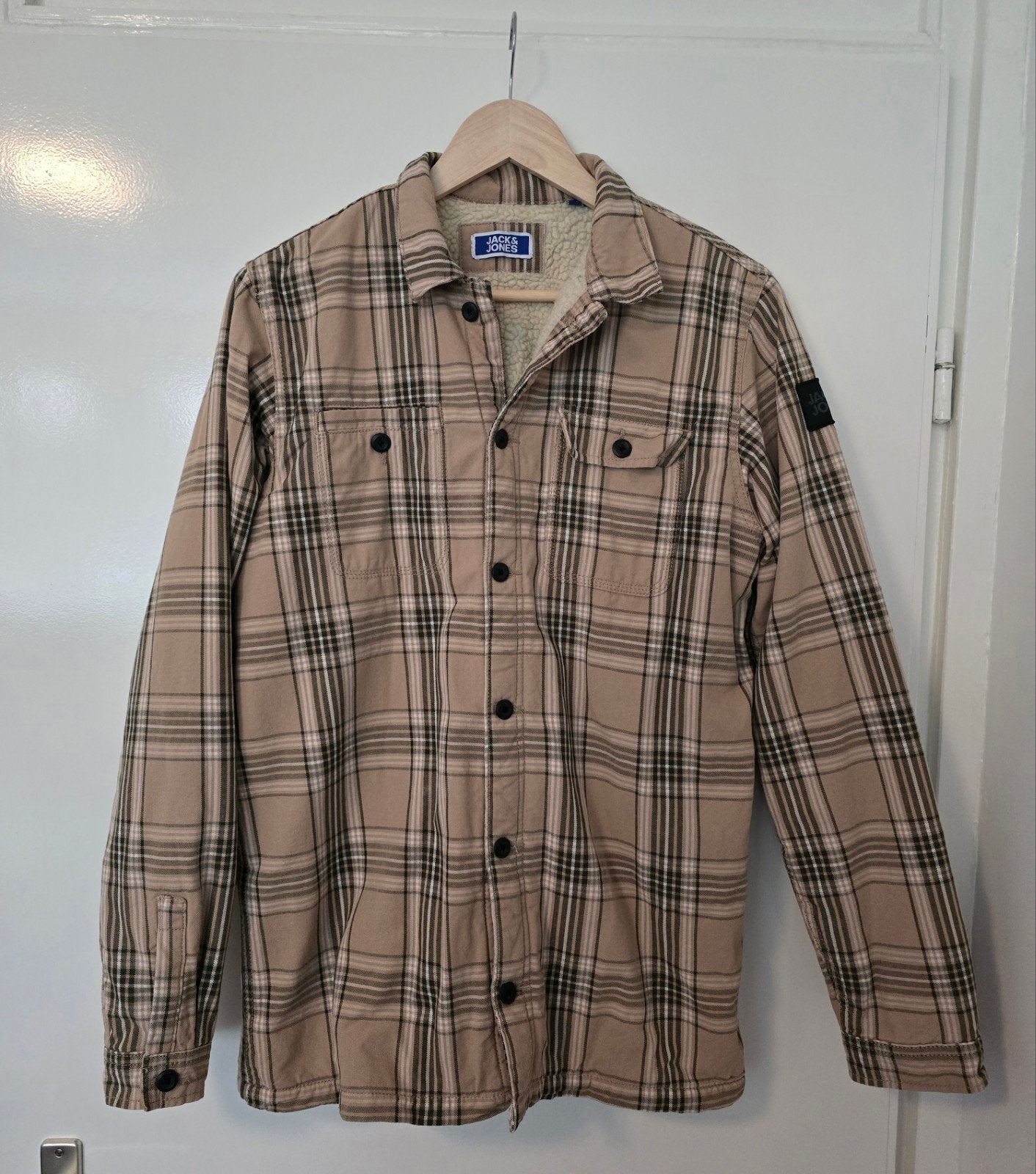 Jack & Jones geruit overhemd met teddy voering - Maat S, Kleding | Heren, Ophalen of Verzenden, Zo goed als nieuw, Beige, Jack & Jones