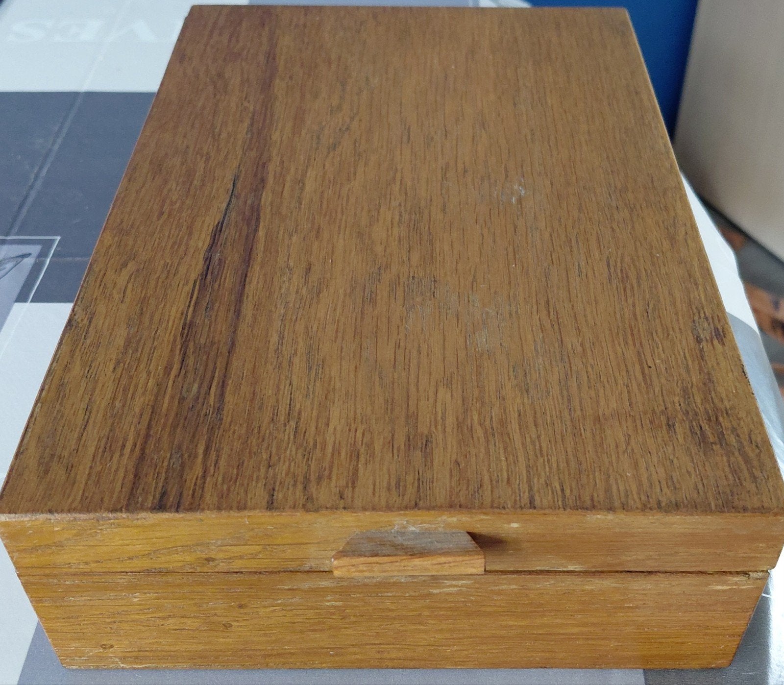 Houten doosje met spiegel - Vintage scheerdoos, Ophalen, Gebruikt, Minder dan 50 cm