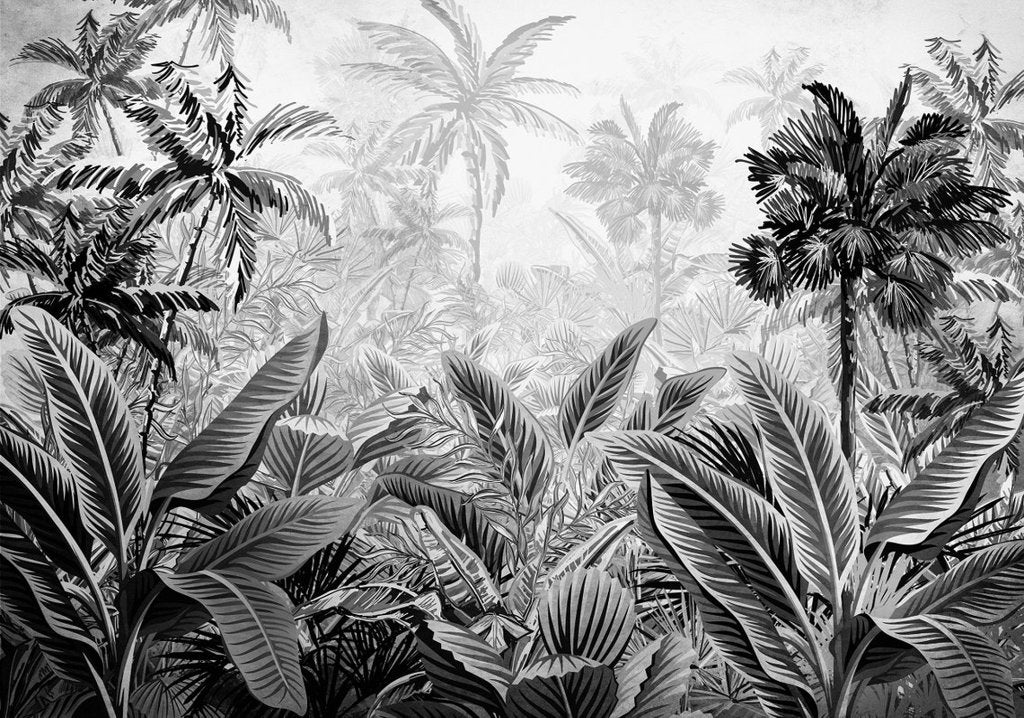 Botanisch behang Jungle Zwart-Wit, Vliesbehang Ook Op Maat, Huis en Inrichting, Stoffering | Behang, Verzenden, Fotobehang, Zwart