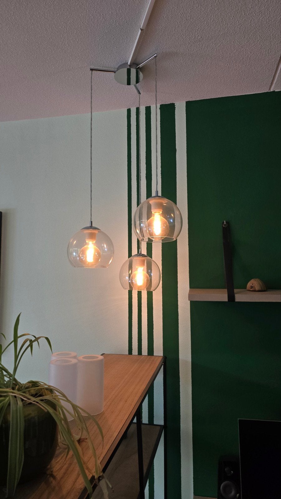 Hanglamp met 3 glazen bollen (transparant & melkglas), Ophalen, Gebruikt, Glas