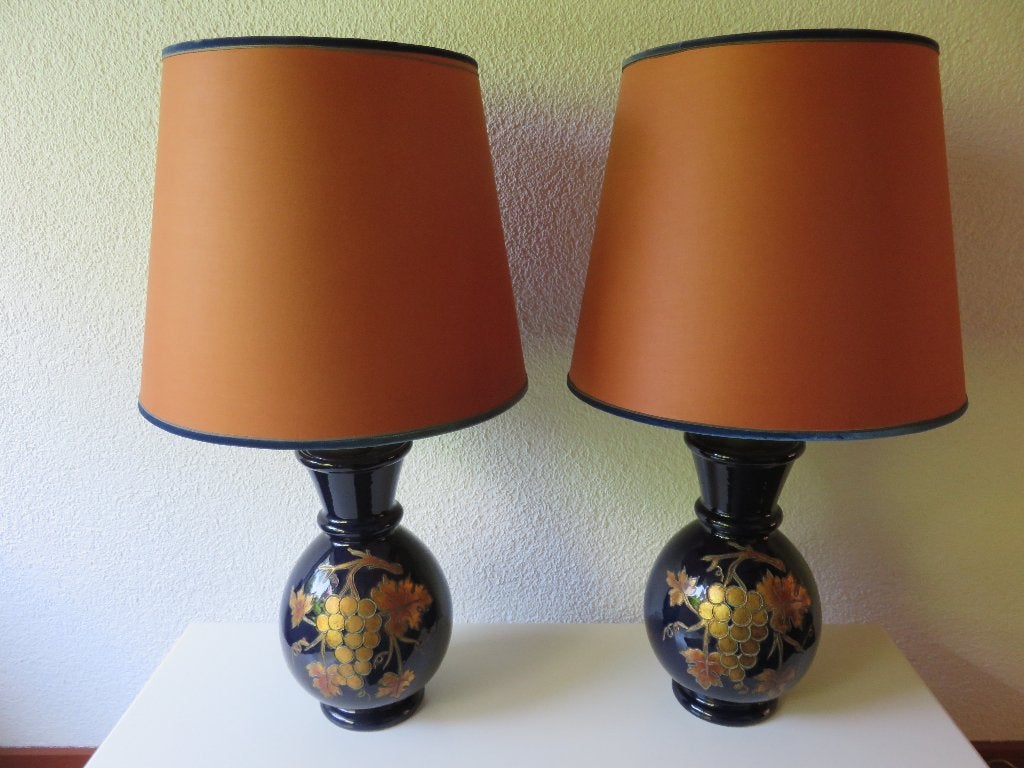 Vintage klassieke keramieken blauwe tafellampen met druiven, Overige merken, Vintage, Hout, E27 (groot)
