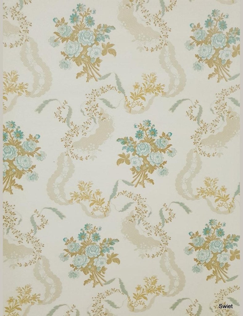 14046 sixties blauw bloemenbehang met guirlande swiet, Ophalen of Verzenden, Blauw