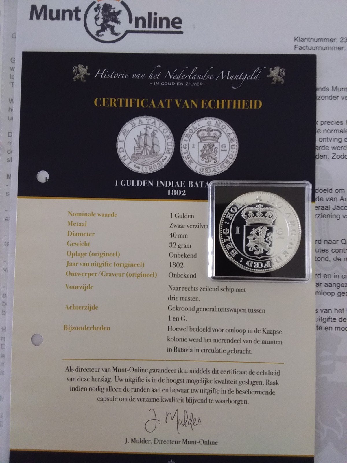 1 Gulden Indiae Batavorum 1802 - Herslag Munt-Online, Postzegels en Munten, Verzenden, Vóór koninkrijk, 1 gulden, Losse munt