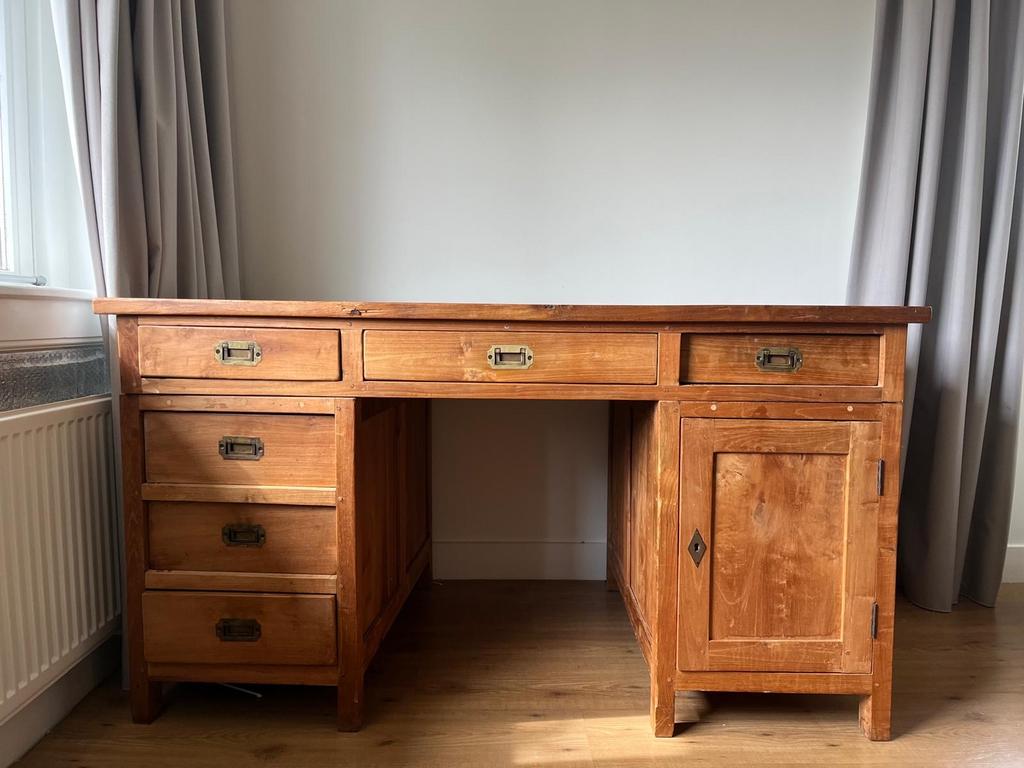 Prachtig Klassiek massief Teakhouten Bureau, Ophalen, Gebruikt, Bruin, Klassiek
