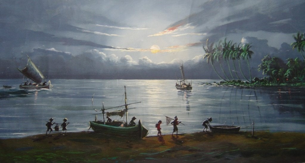 Tropisch Landschap bij Zonsondergang, Antiek en Kunst, Landschap, Ophalen of Verzenden, Olieverf, Gesigneerd