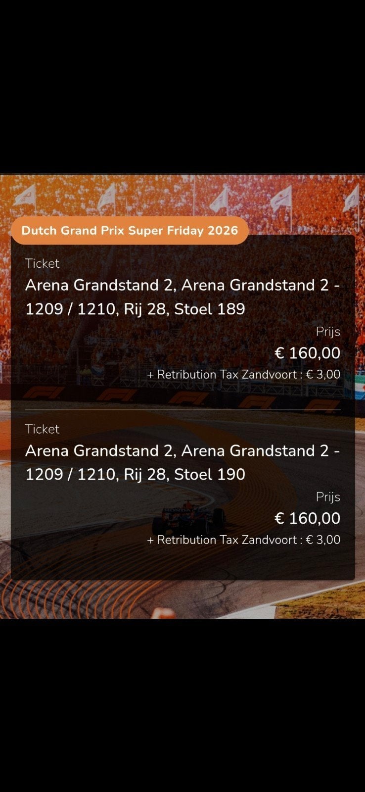 2 Tickets Vrijdag Dutch Grand Prix + evt parkeren, Twee personen, Augustus