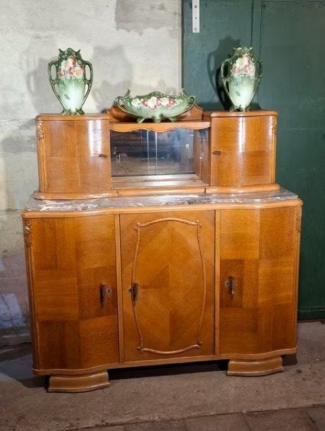 oud antiek vintage art deco buffetkast highboard vitrinekast, Huis en Inrichting, Kasten | Buffetkasten, Gebruikt, T, Eikenhout