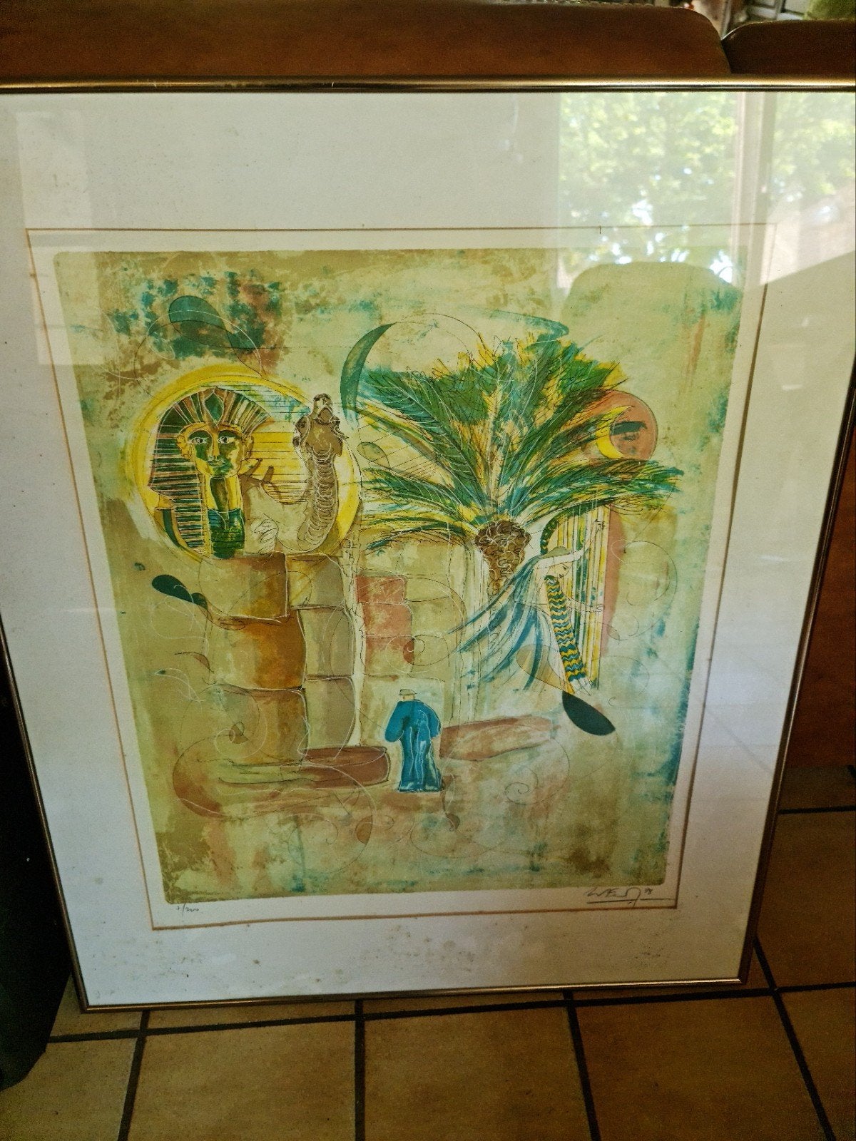 Ingelijste Egyptische kunstprint, gesigneerd '88, Ophalen