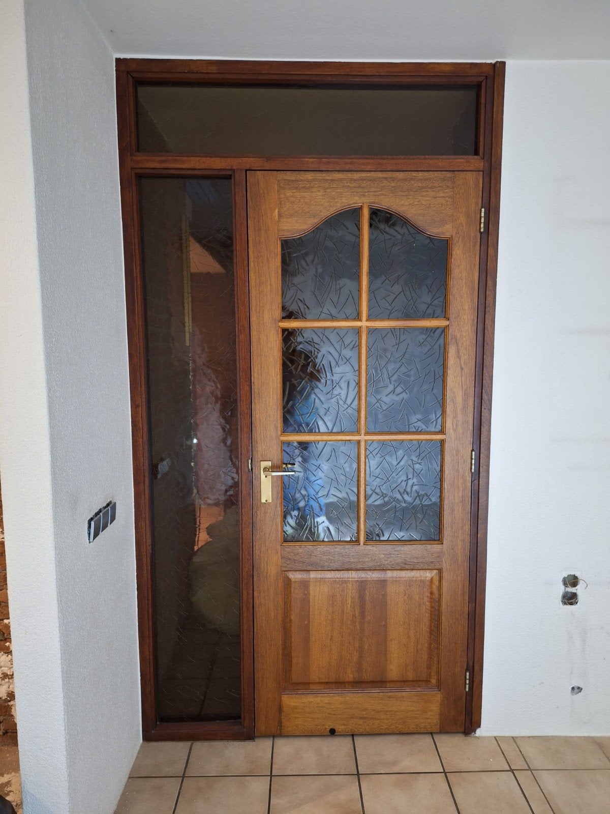 Hardhouten binnenkozijn met deur en zijlicht, Doe-het-zelf en Verbouw, Ophalen, Gebruikt, Binnendeur, Glas