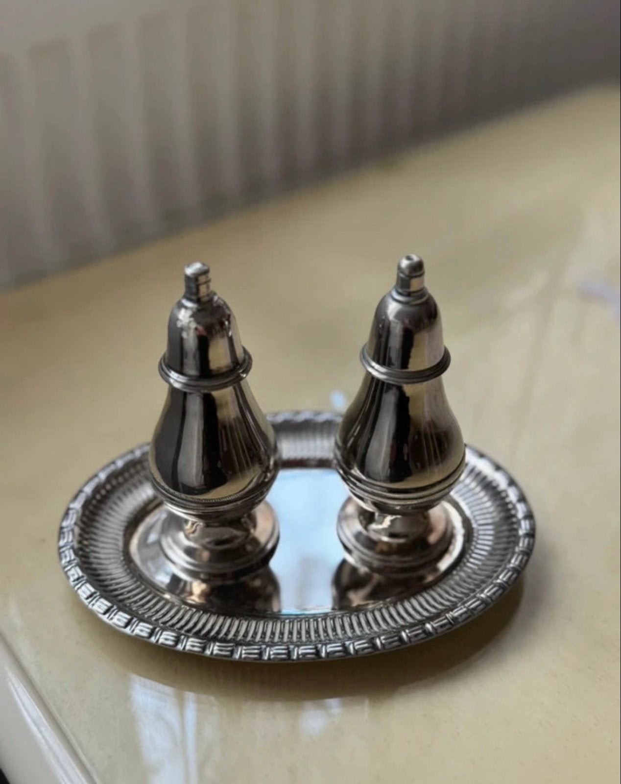 Zilverkleurige Peper- en Zoutstel op Dienblad, Ophalen of Verzenden
