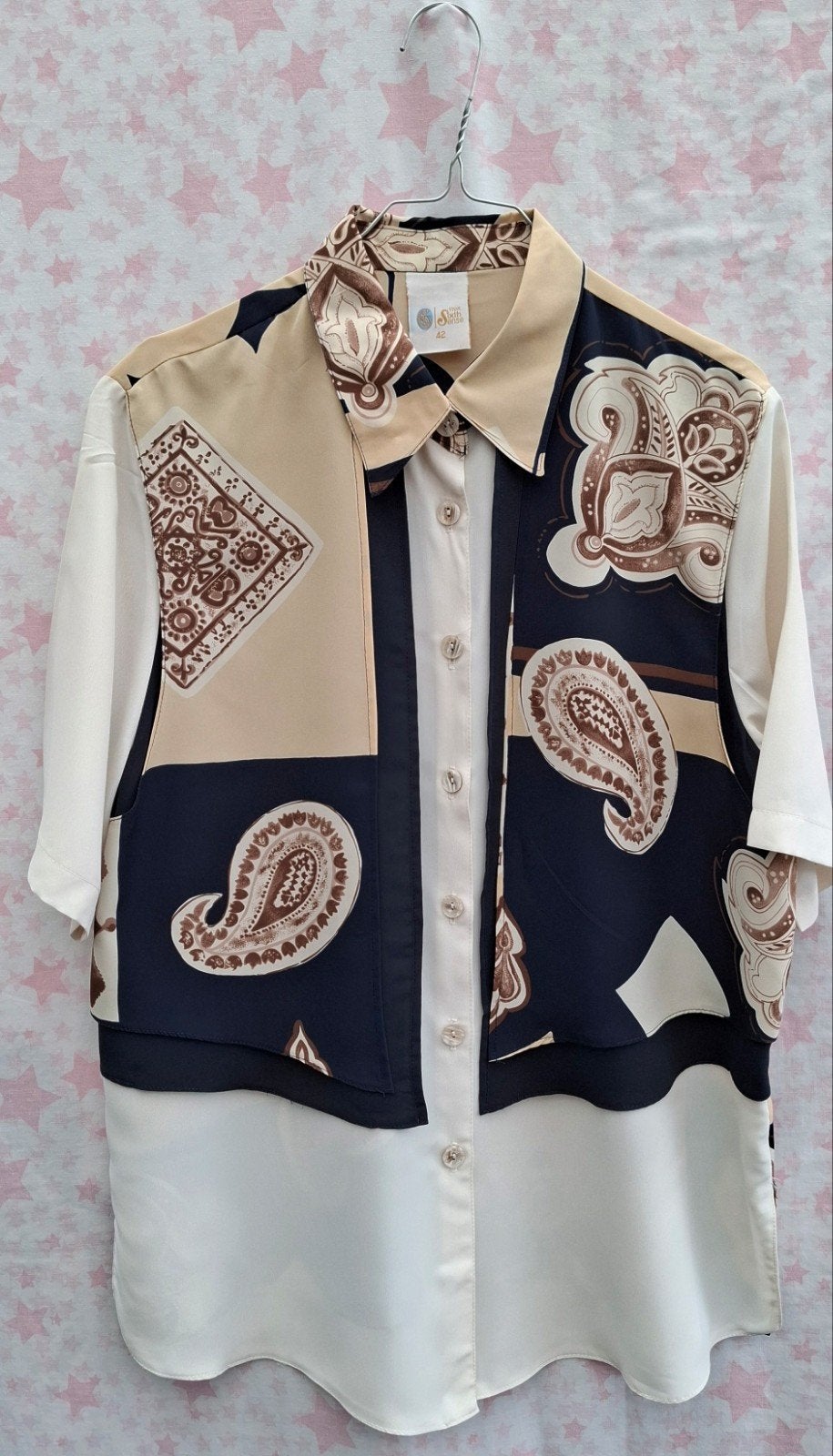Vintage blouse, maat 42/XL - beige - twin set 90's, Your Sixth Sense, Beige, Maat 42/44 (L), Onbekend