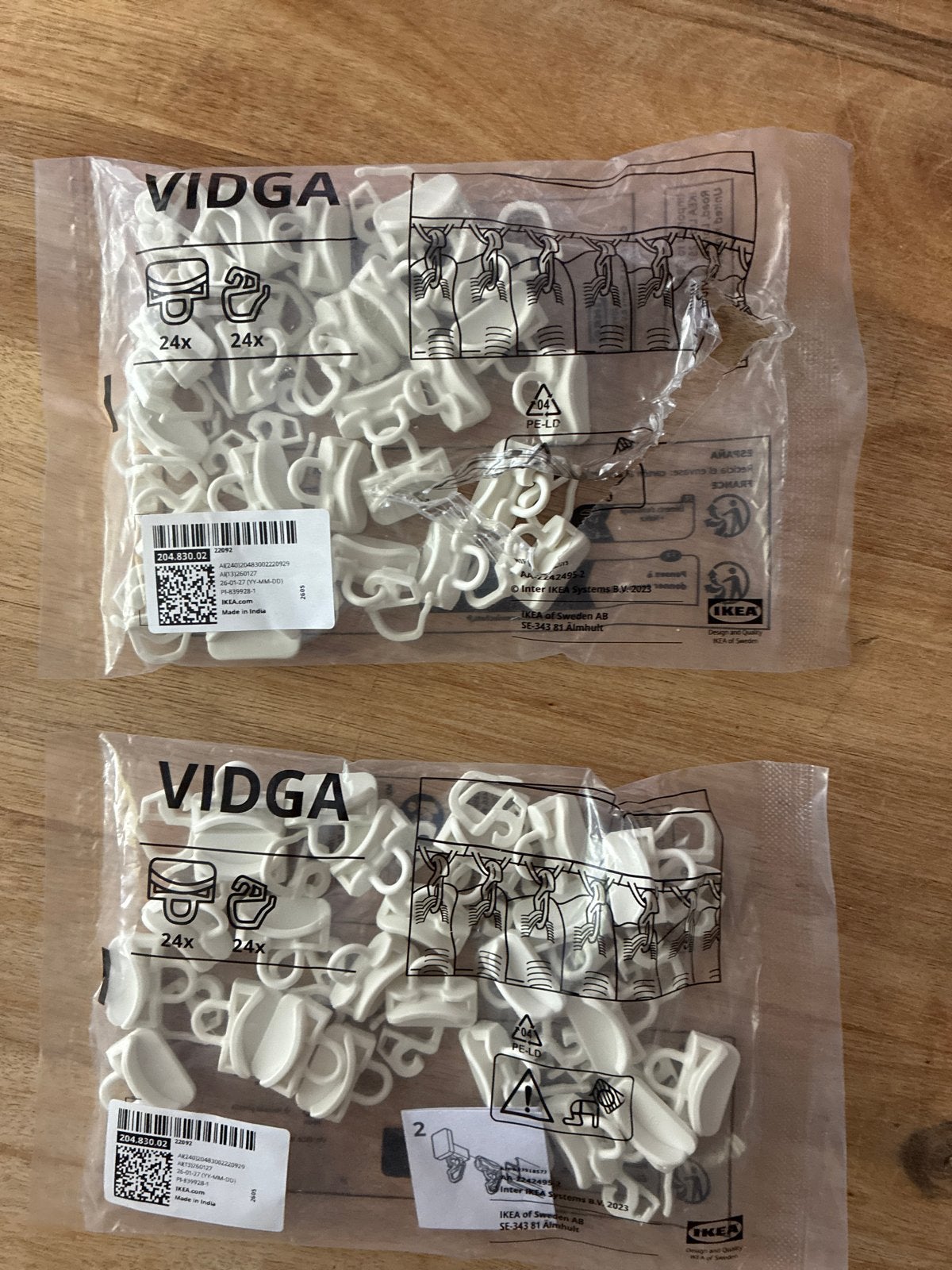 IKEA VIDGA Gordijnrunners en haken (2x 24 stuks), Met haken, Wit, Nieuw, Ophalen of Verzenden
