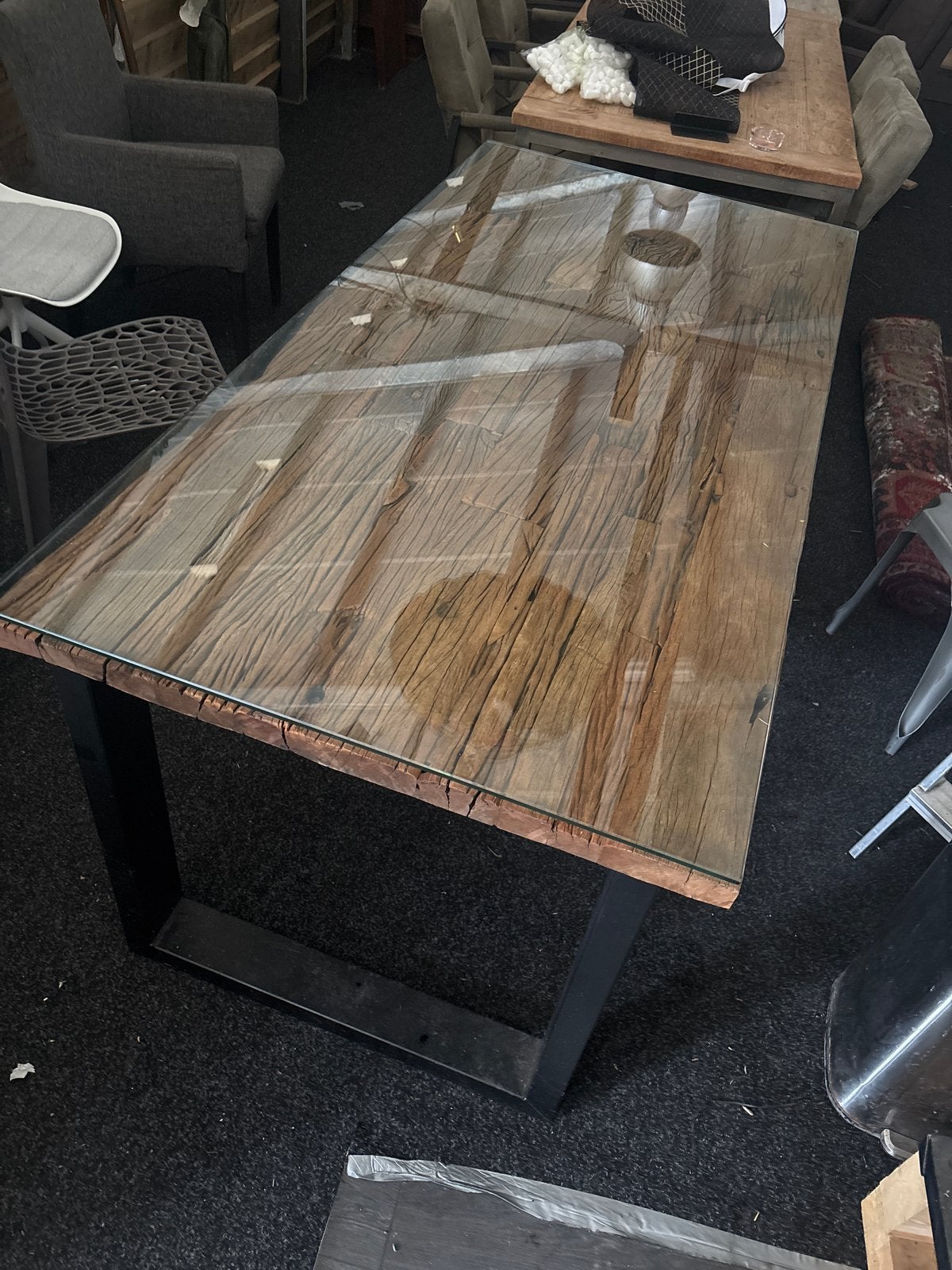 Robuuste eettafel 180x90 cm met glazen blad, Ophalen, Gebruikt, 50 tot 100 cm, 150 tot 200 cm