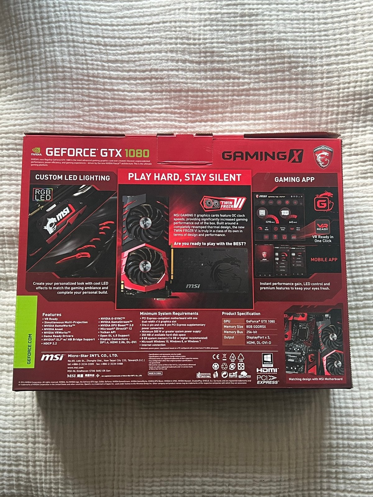 Doos voor MSI GeForce GTX 1080 GAMING X 8G, Computers en Software, Videokaarten, Ophalen of Verzenden, Zo goed als nieuw, GDDR5