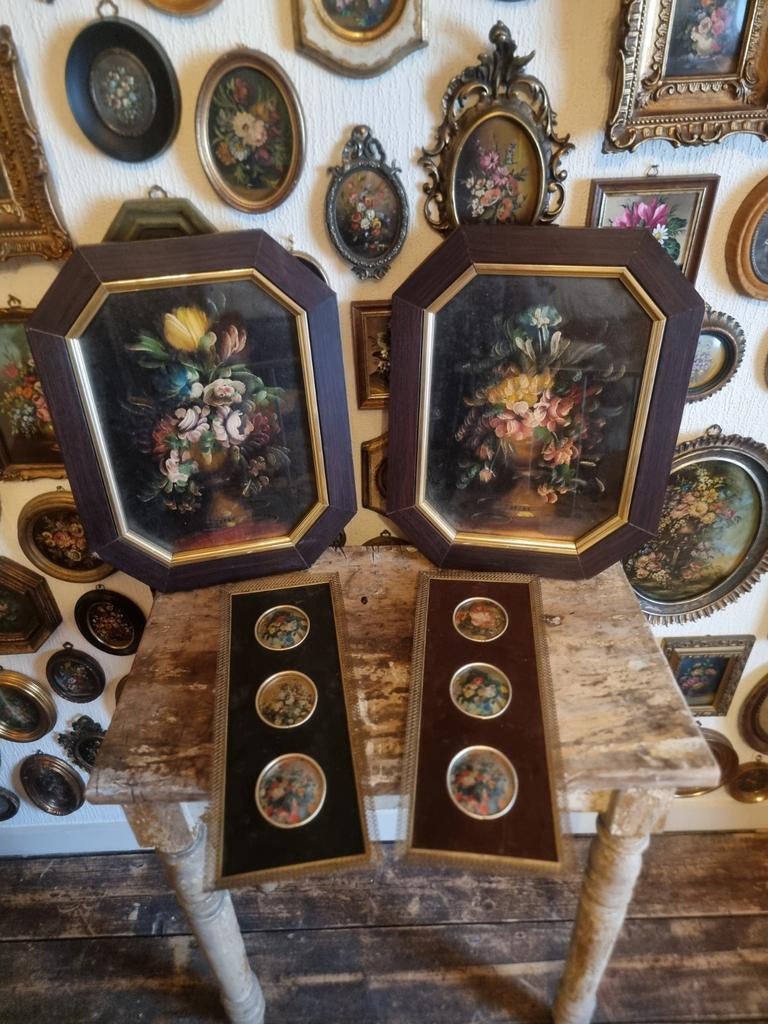 4x lijstje schilderijtje olieverf zijde prent N11/12 Q19/20, Ophalen of Verzenden