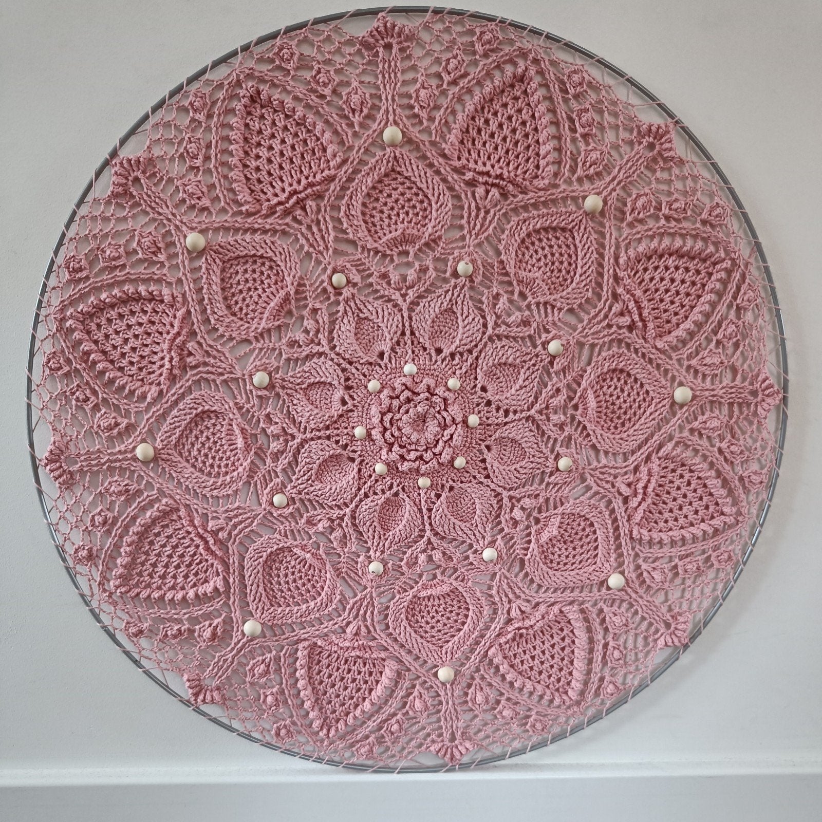 Roze gehaakte mandala, Ophalen, Boho, Nieuw, Roze