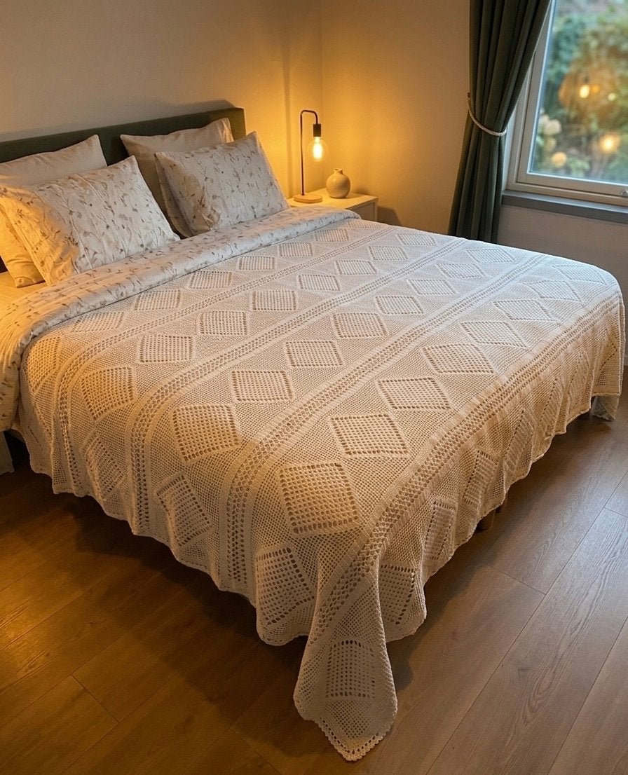 Vintage witte gehaakte broderie sprei - 200x260 cm, Huis en Inrichting, Slaapkamer | Beddengoed, Gebruikt, Wit, Katoen, Tweepersoons