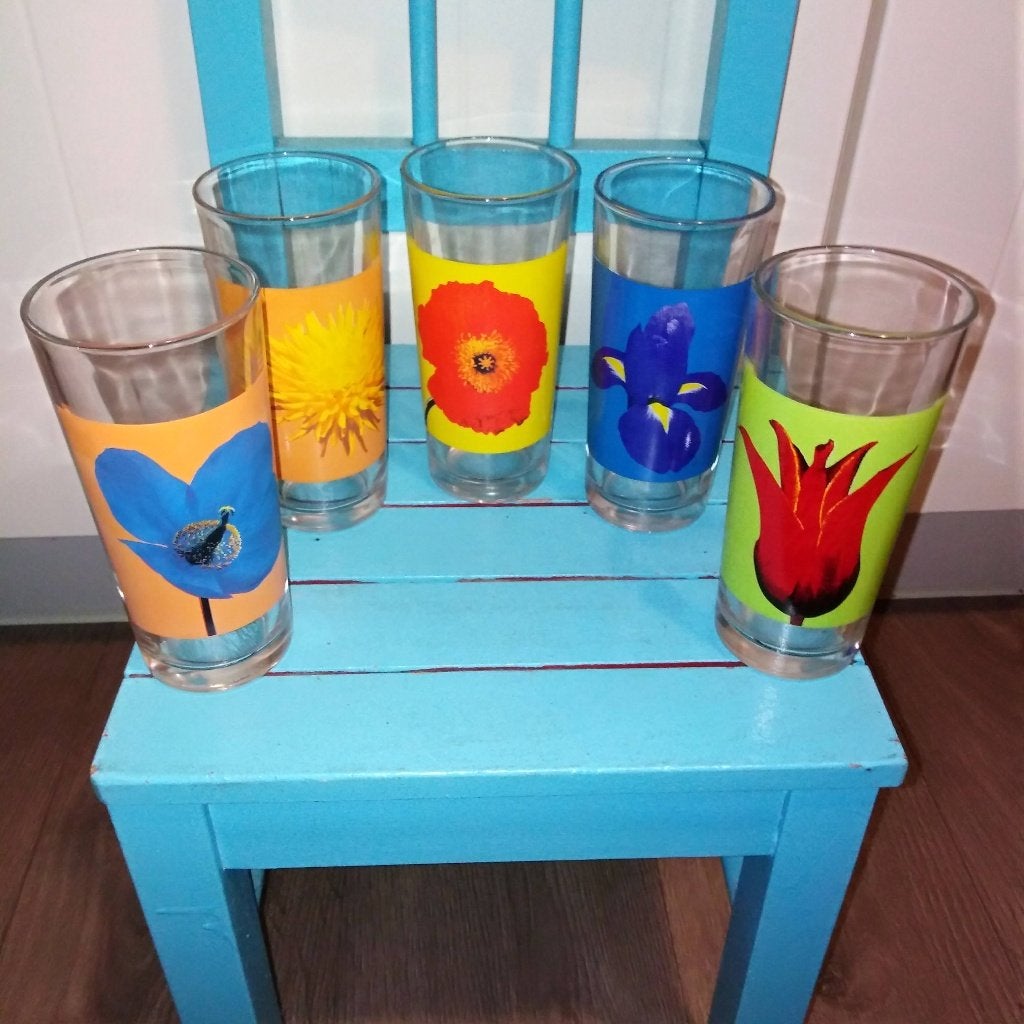 Limonade glazen met bloemopdruk 8 stuks, Ophalen, Glas of Glazen, Gebruikt, Glas