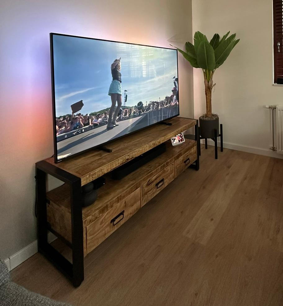 Super mooi TV meubel ‘mangohout’, Ophalen, 100 tot 150 cm, Zo goed als nieuw, Minder dan 100 cm