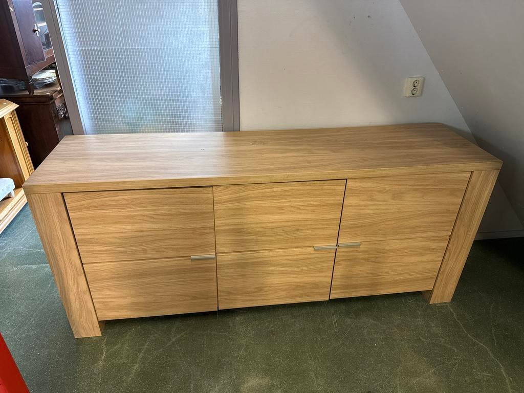 Modern Dressoir met 3 Deuren - Eikenhout Look, Ophalen, 150 tot 200 cm, Zo goed als nieuw, 25 tot 50 cm