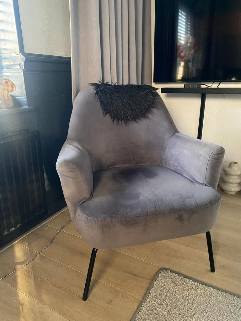 Velvet Grijs Stoeltje - Comfortabele Fauteuil, Gebruikt, Ophalen of Verzenden, Eén, Stof