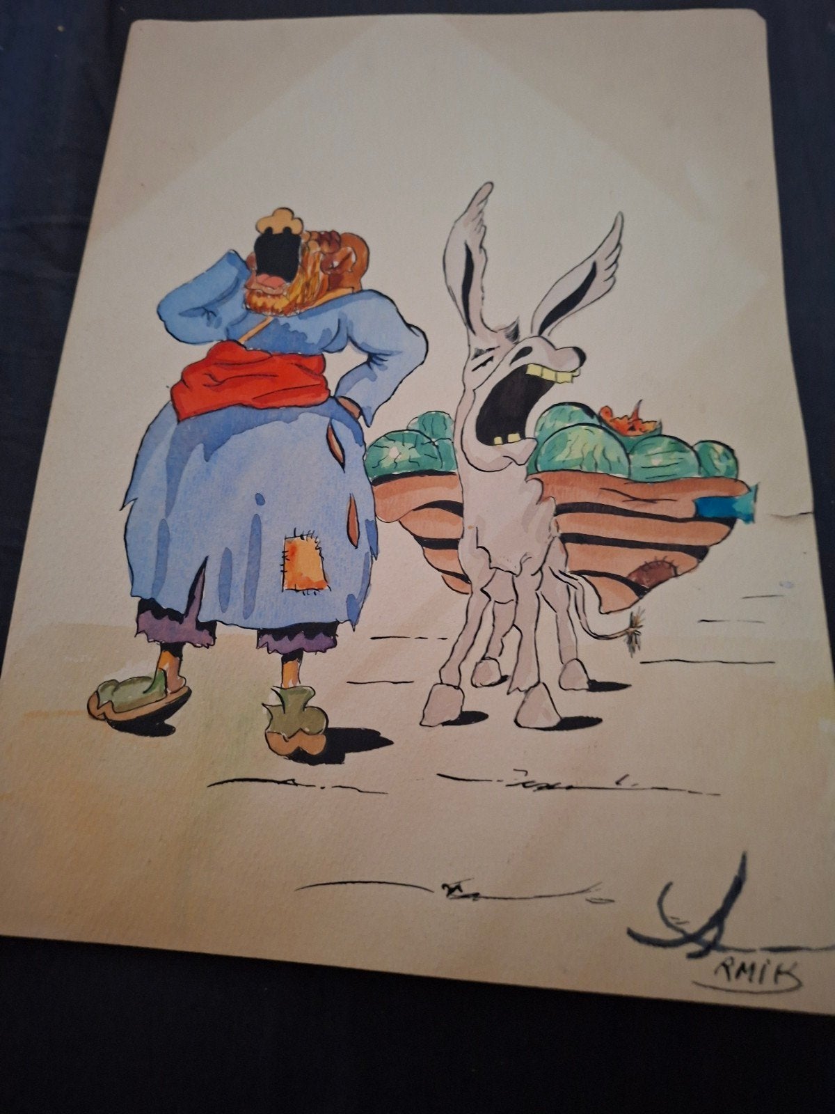 Vrolijke aquarel van vrouw en ezel met groenten, Antiek en Kunst, Ophalen, Tekening, Aquarel, Gesigneerd