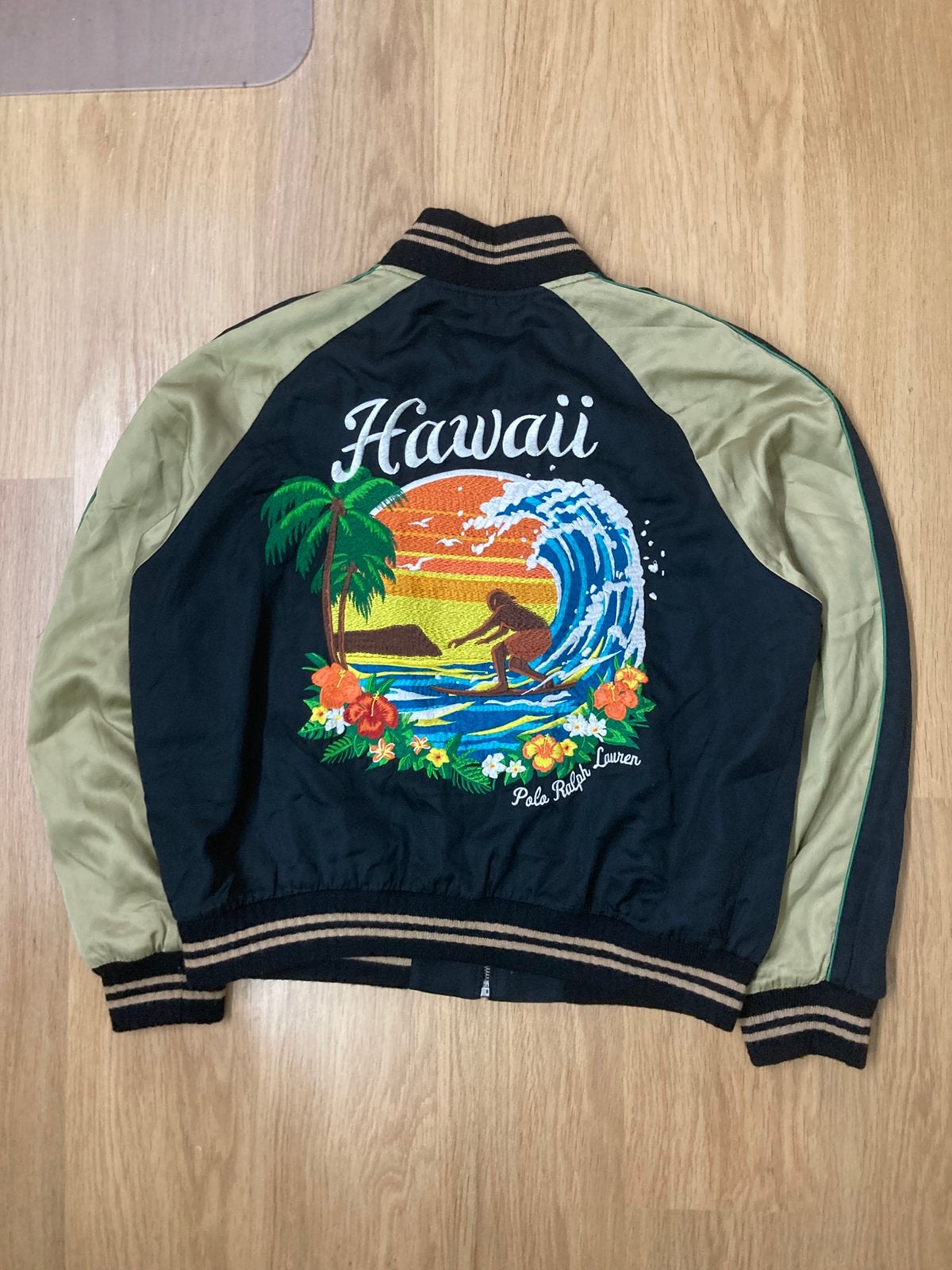 Polo Ralph Lauren Hawaii Satin Bomber Jacket - L - Black, Maat 52/54 (L), Zwart, Ralph Lauren, Ophalen of Verzenden