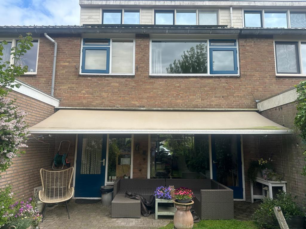 Handbediend zonnescherm 6x2,5m met nieuw doek, Tuin en Terras, Ophalen, Gebruikt