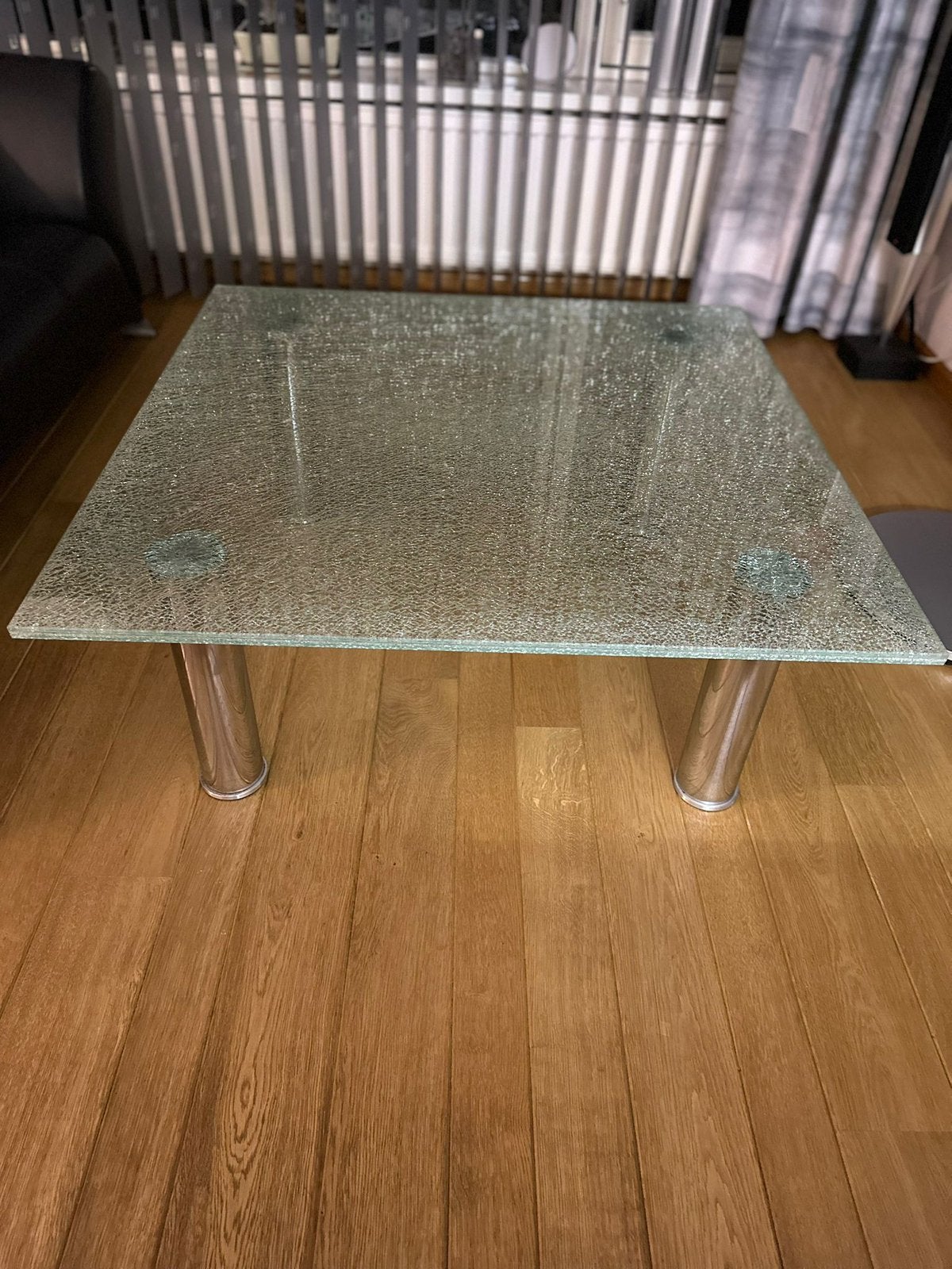 Salontafel 100x100x41cm & 3 laags crackleglas & chrome poten, Ophalen, Rond, 50 tot 100 cm, Glas