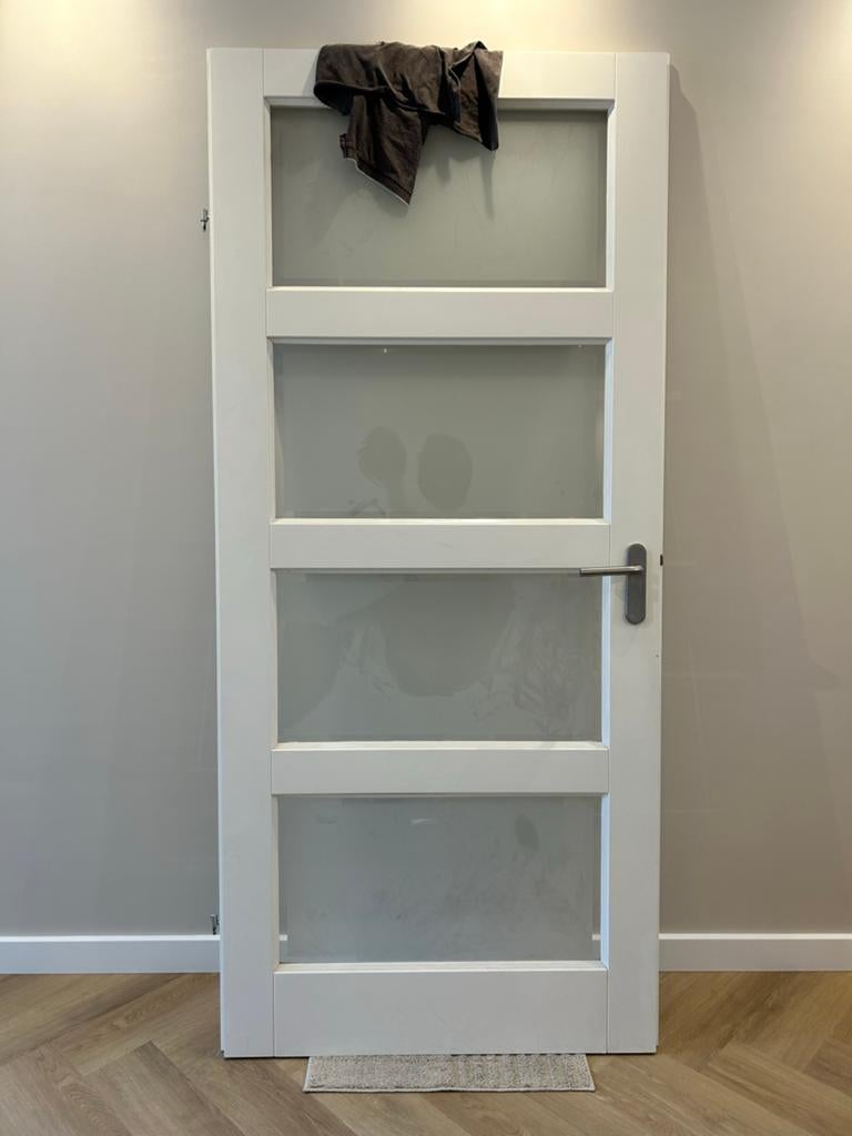 Witte binnendeur met melkglas, rechtsdraaiend (210x93cm), Ophalen, Gebruikt, 80 tot 100 cm, Binnendeur