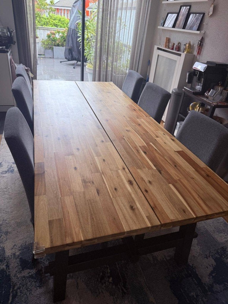 Massief houten eettafel 235x100 + 6 stoelen, Ophalen, Gebruikt, 100 tot 150 cm, 200 cm of meer