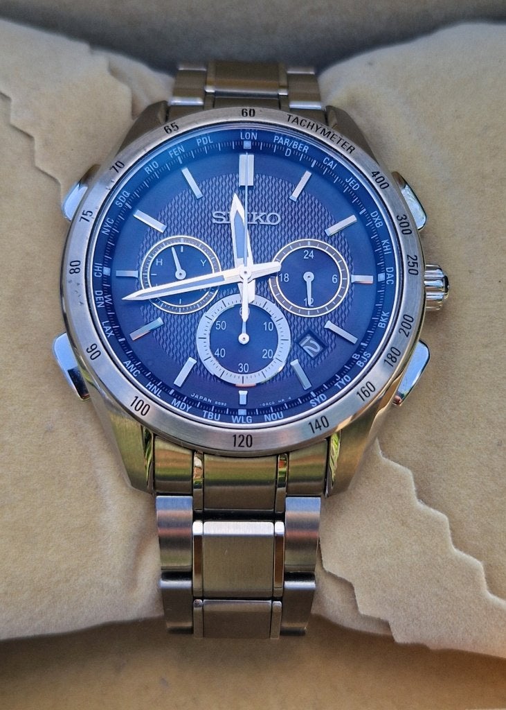 Seiko Brightz Sync Solar SAG193 heren horloge saffierglas, Gebruikt, Staal, Polshorloge, Ophalen of Verzenden