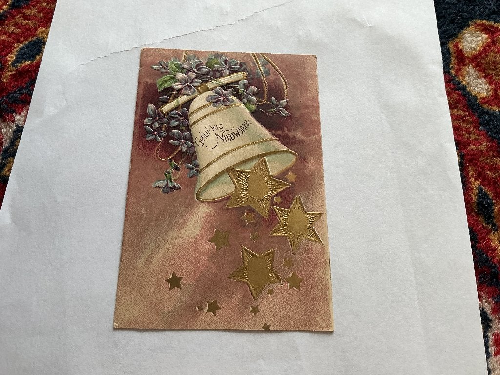 Nieuwjaarskaart met klok en sterren - Gelukkig Nieuwjaar, Ophalen of Verzenden, Voor 1920, Gelopen, Feest(dag)
