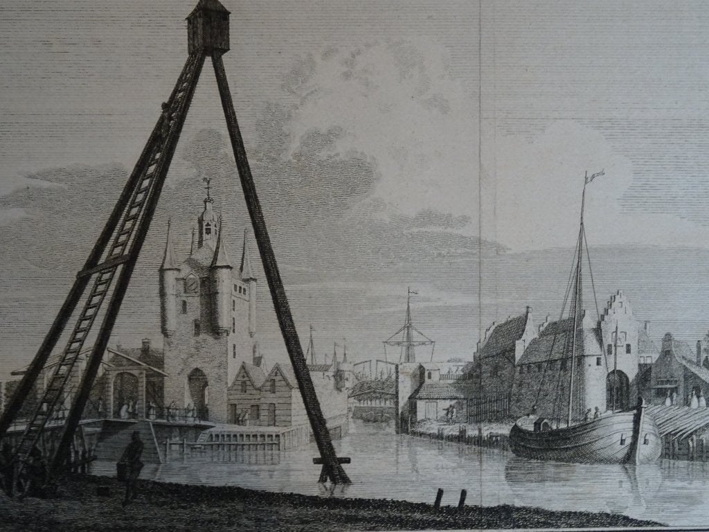 Gravure Havenpoorten en Bok te Zierikzee, Philips, 1750, Verzenden, Stadsgezicht, Gravure, Origineel