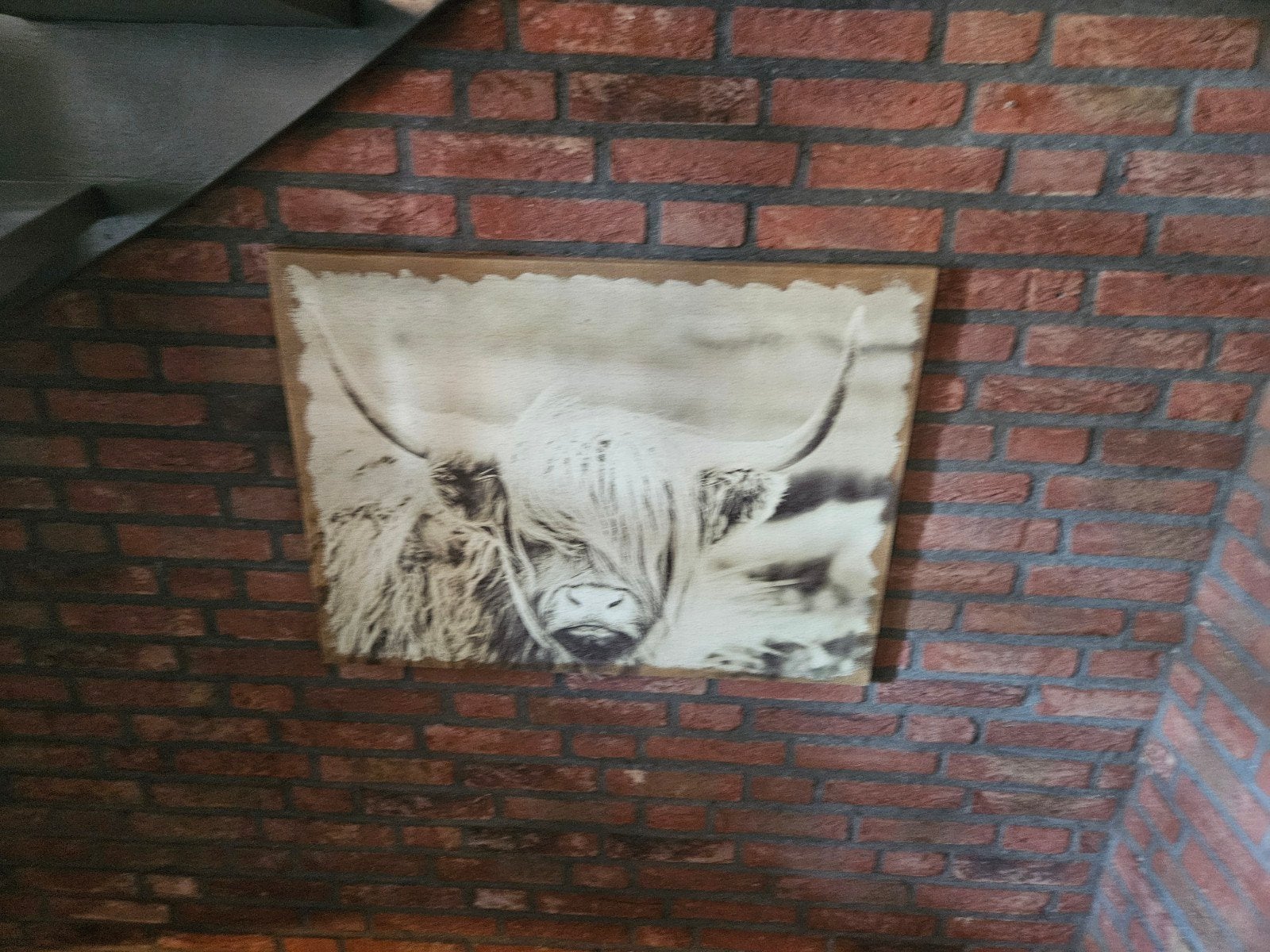 Stoere wanddecoratie: Buffel op linnen, Gebruikt, Schilderij, Meerkleurig, Textiel