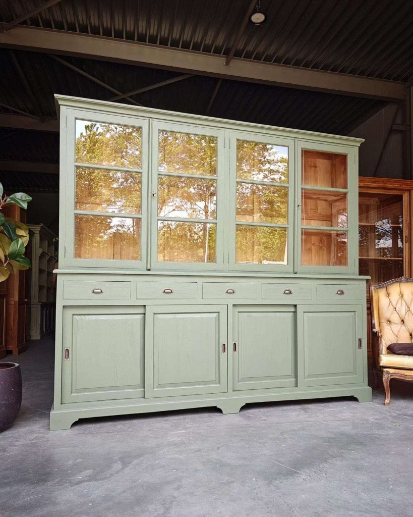 Mosgroene winkelkast | Buffetkast gemaakt van teak #576, Niet ingevuld, Glas, Met deur(en), 200 cm of meer