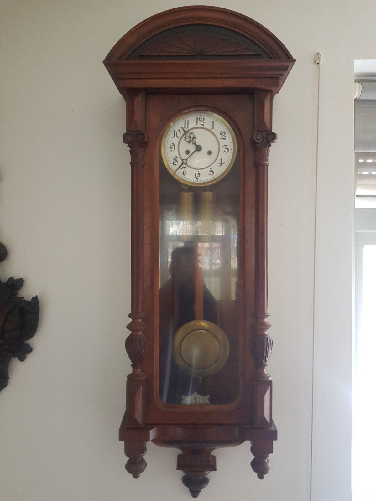 Antieke houten wandklok met slinger en gewichten, Antiek en Kunst, Antiek | Klokken, Ophalen
