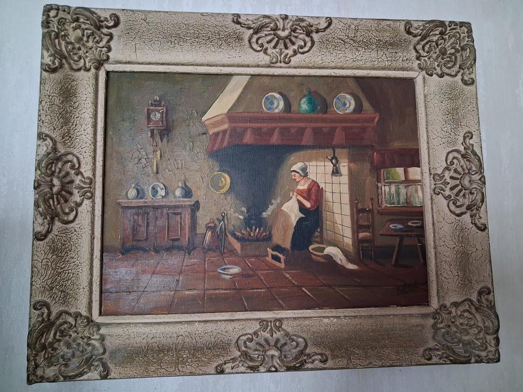 Schilderij met vrouw in keuken, Ophalen of Verzenden