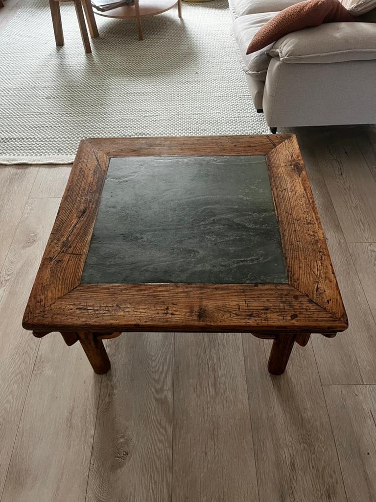 Salontafel hout met leisteen, Ophalen, Gebruikt, 50 tot 100 cm, Vierkant
