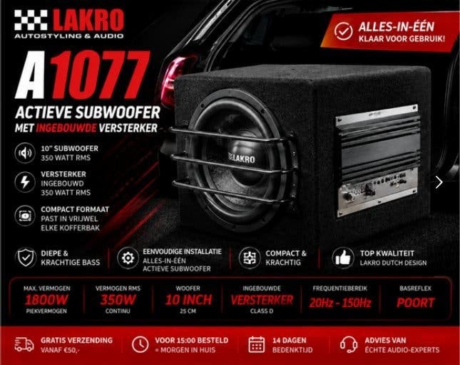 A1077 - Actieve subwoofer - Lakro - 10 inch - 350 watt RMS -, Niet ingevuld, Niet ingevuld, Nieuw, Ophalen of Verzenden