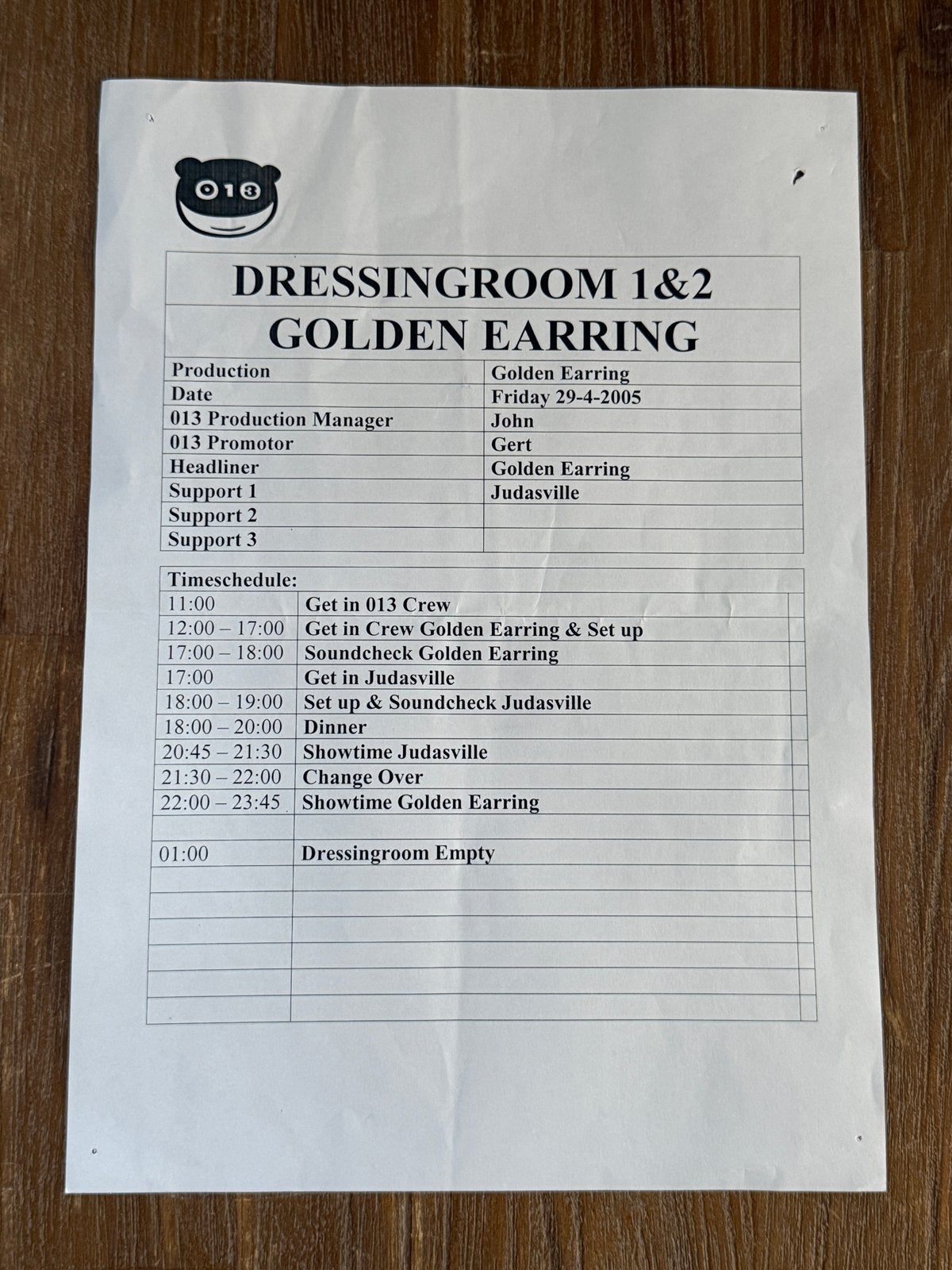 Productie sheet Golden Earring Judasville 013 - 2006, Ophalen of Verzenden, Boek, Tijdschrift of Artikel