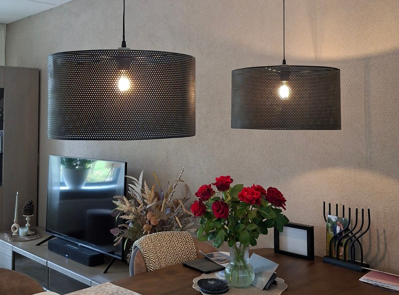 Moderne hanglampen met geperforeerde kap - Zwart metaal, Ophalen, Gebruikt, Modern, Industrieel, E27 (groot)
