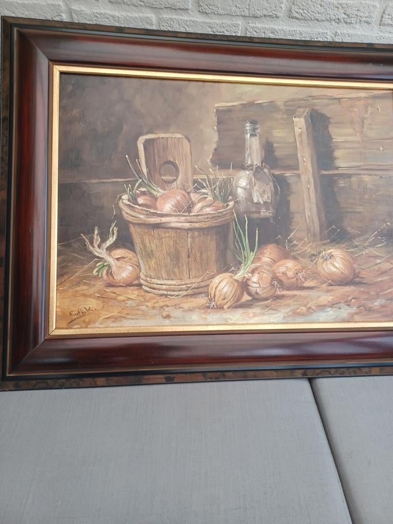 Schilderij stilleven met uien en fles, Antiek en Kunst, Kunst | Schilderijen | Klassiek, Ophalen