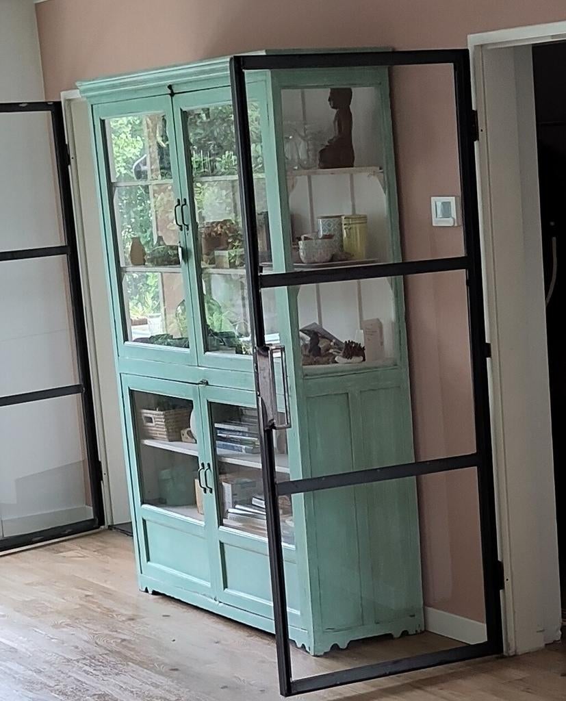 Prachtige originele Indiase Teakhout vitrinekast, 200 cm of meer, Glas, 150 tot 200 cm, 50 tot 75 cm