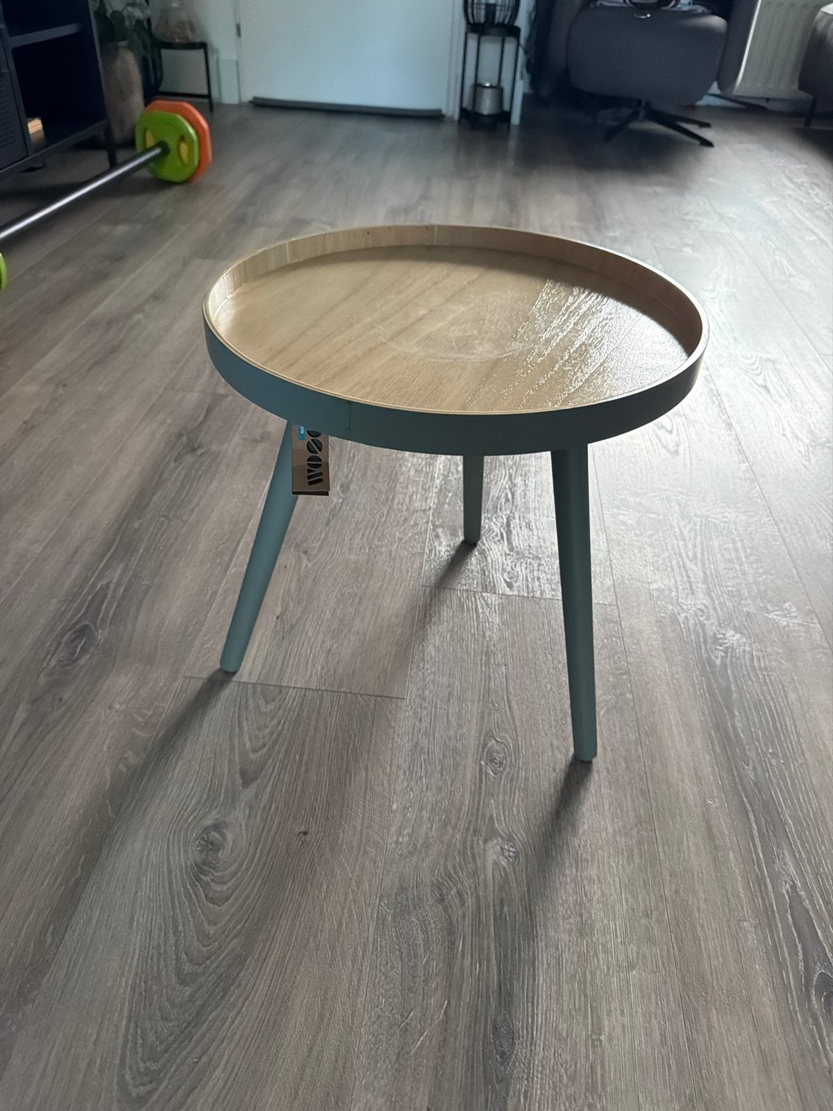 Stijlvolle ronde bijzettafel met houten blad, Ophalen, Minder dan 45 cm, Minder dan 55 cm, Gebruikt